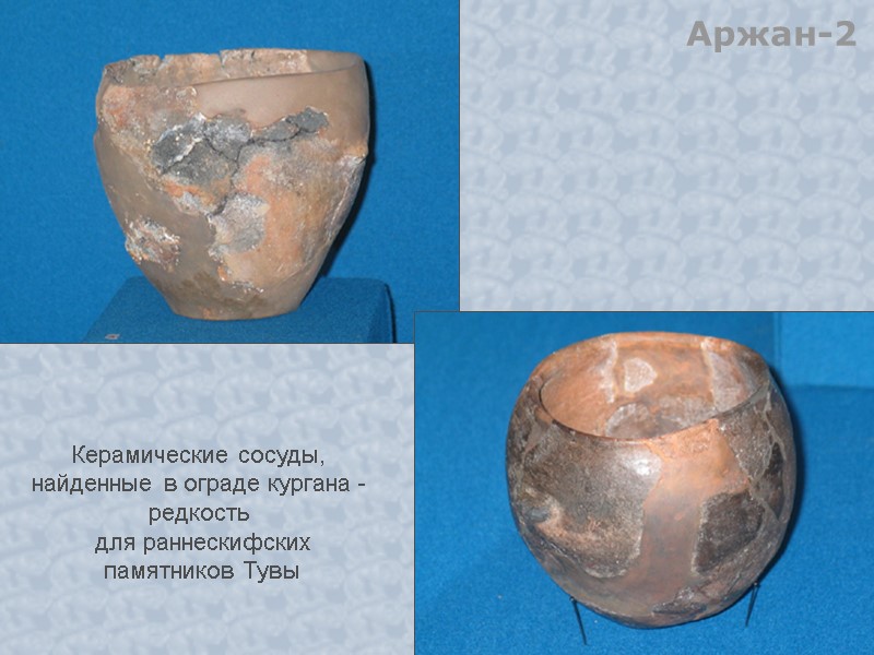 Аржан-2 Керамические сосуды,  найденные в ограде кургана -  редкость  для раннескифских